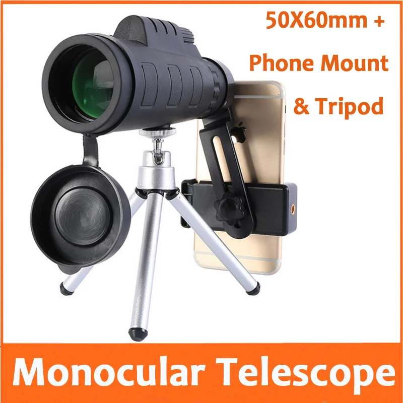 

50x60 10X Outdoor Zoom Adjustable Birdwatching Monocular Telescope with Concert mobile phone Camera Handset Clip Clamp Tripod