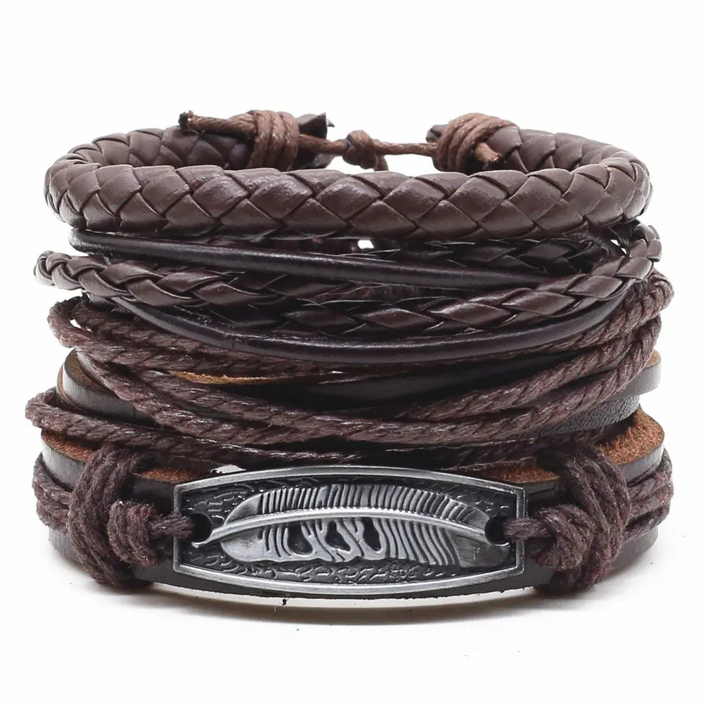 New 4 Pcs/set Weave Vintage Punk Beads Male Women Feather Men Leather Charm Bracelets Female Homme Jewelry