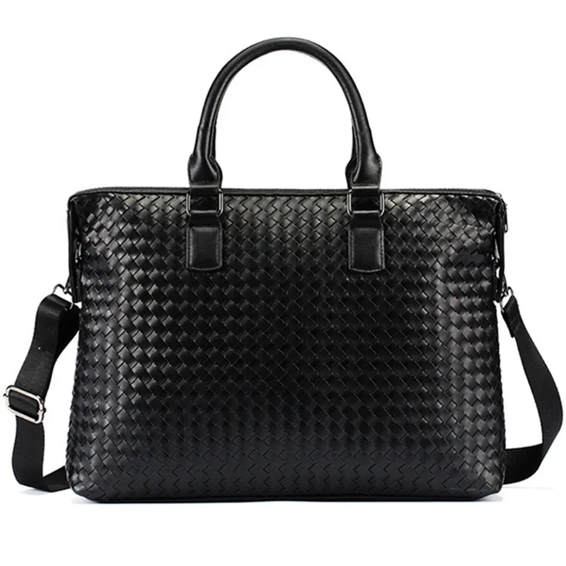 Hand Weaving Laptop Business PU Leather Men Briefcases Handbag Totes Computer Messenger Bags Men Shoulder Bag Male Briefcase