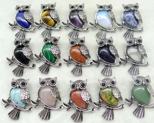 Vintage Silver Plated Owl  Natural Stone Opal Turquoises Quartz Crystal lapis Brooch pendant For diy Jewelry making Accessories