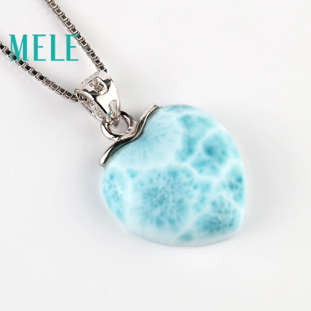 Larimar Gemstone Natural Blue Larimar Sterling 925 Silver Pendant For Women 15mm Heart Shape Romantic Simple Style Fine Jewelry