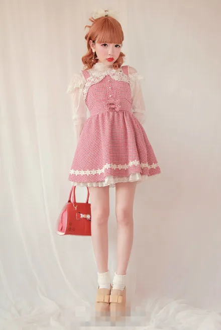 Princess sweet lolita dress Bobon21 flower lace Vintage Houndstooth restore ancient ways Strap dress D1083