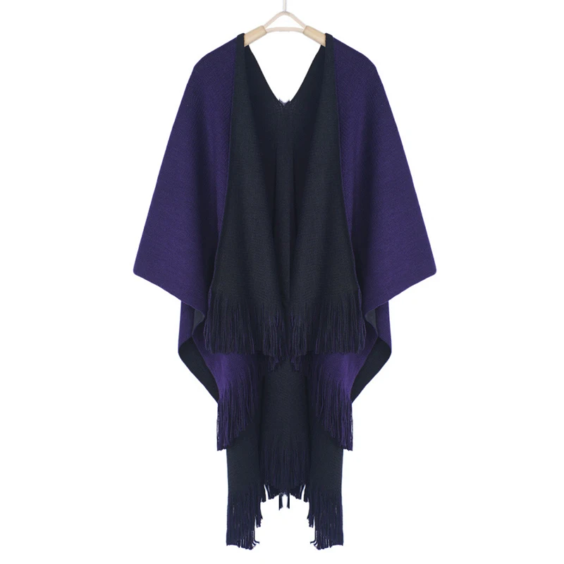 Cárdigans sólidos para mujer, chales de punto, Poncho, manta Reversible de gran tamaño, bufanda de cara invertida, borla, Poncho y capas de moda