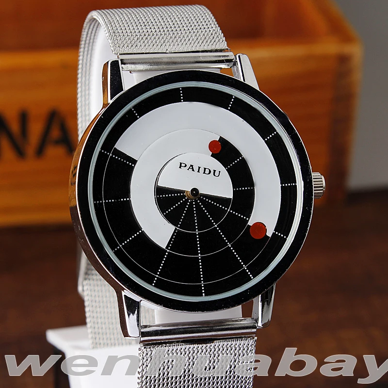Paidu Unique Arc pointer Black/White Quartz Stainless Mesh Band Wrist Watch Mens Boy Turntable Dial Digital Gift Wristwatches