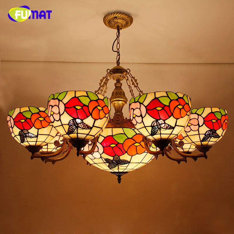 

FUMAT Flower Shape Chandelier European Style Brief Stained Glass Light Retro Living Room Glass Art Lustre Chandeliers Lightings