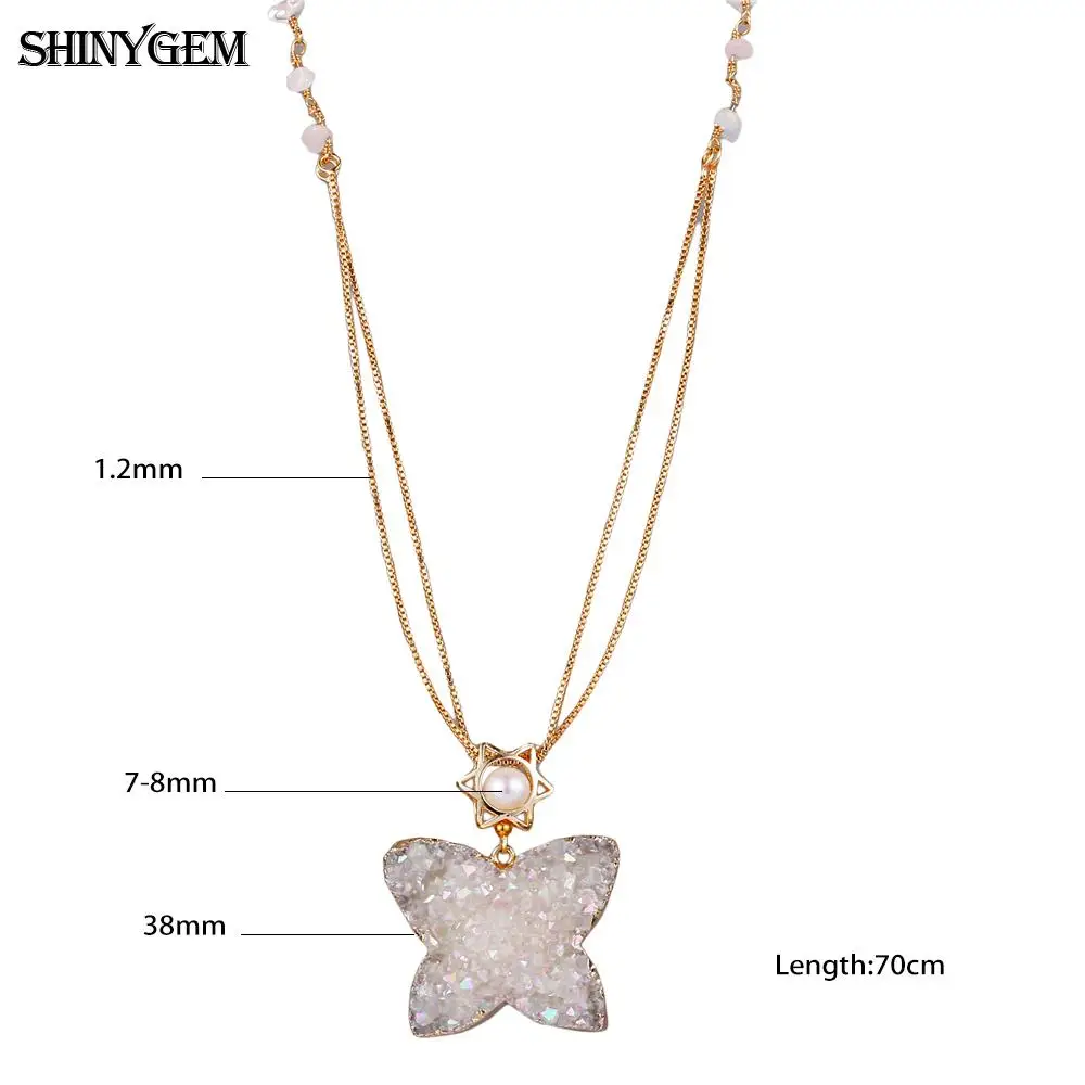 ShinyGem Trendy Butterfly Natural White Opal Druzy Crystal Necklaces Gold Plating Hexagram 7-8mm Round Pearl Necklaces For Women