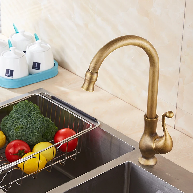 

Antique Brass Kitchen Faucet Single Handle Cold and Hot Water Mixer Tap Bathroom Basin Sink Water Tap Crane Retro Vanity Faucet