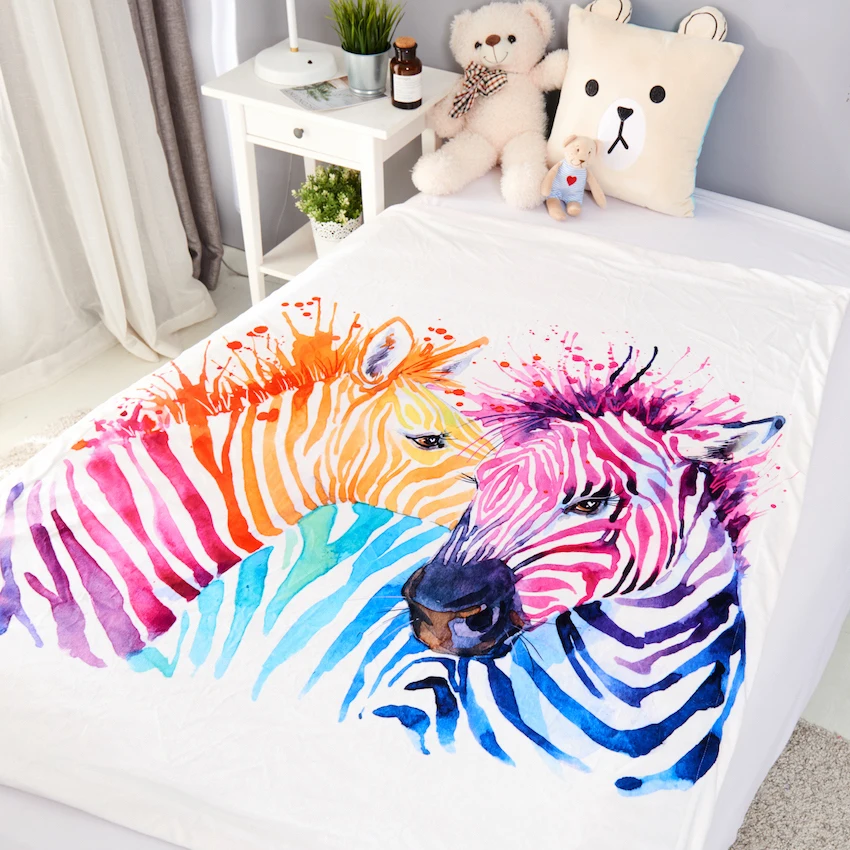 Purple and Orange Watercolor Zebra 3D Photo Blanket Fleece Throw Blanket