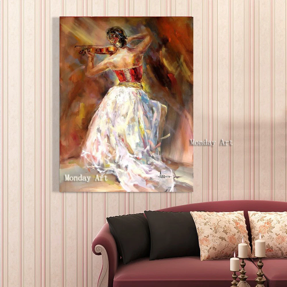 

Free Shipping 100% Hand Painted Modern Violin Girl Oil Painting On Canvas Wall Art Pictures For Living Roon Home Decoration