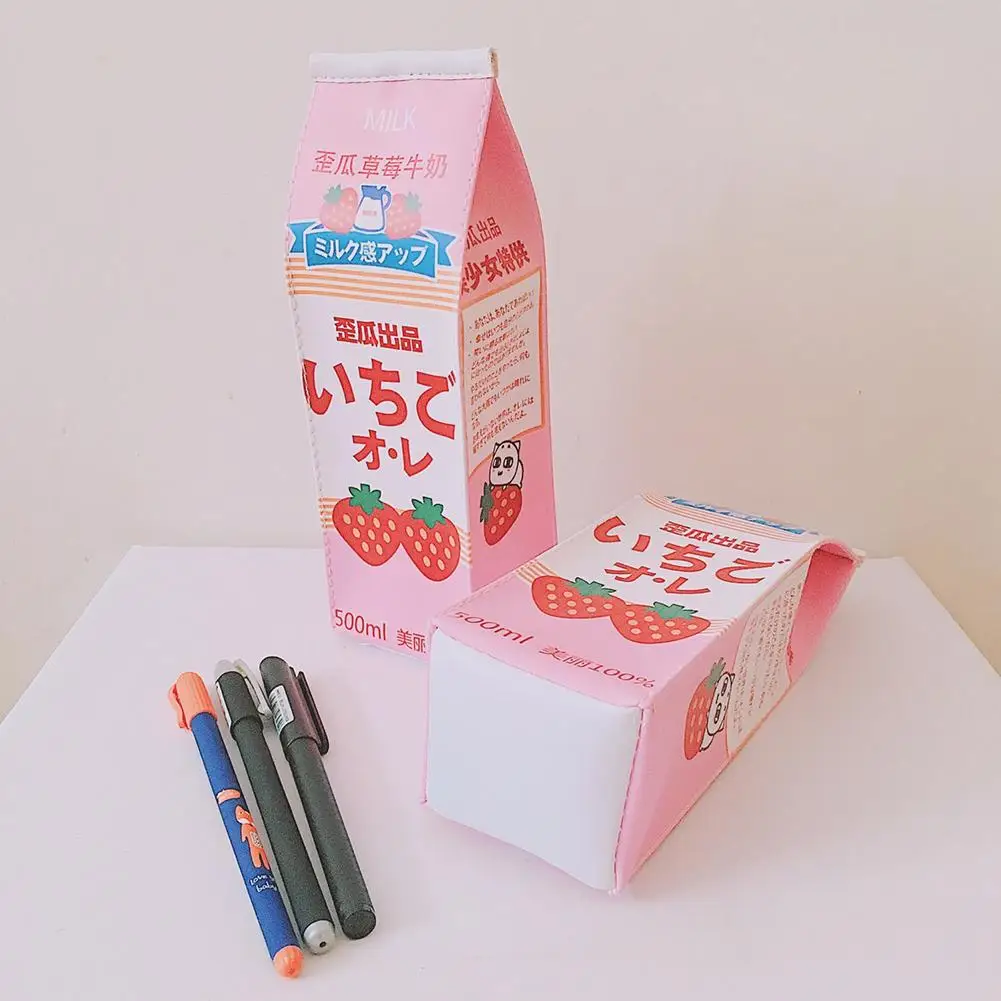 Creative PU Leather Pencil Case Strawberry Milk Box cute pencil case Kawaii Stationery School Supplies kids gift