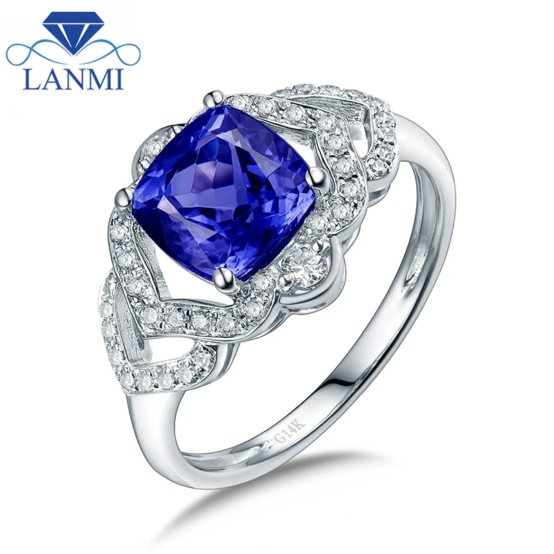 

LANMI Solid 14Kt White Gold Natural Tanzanite Wedding Ring Good Gem Charming Dia for Husband Anniversary Fine Jewelry Gift