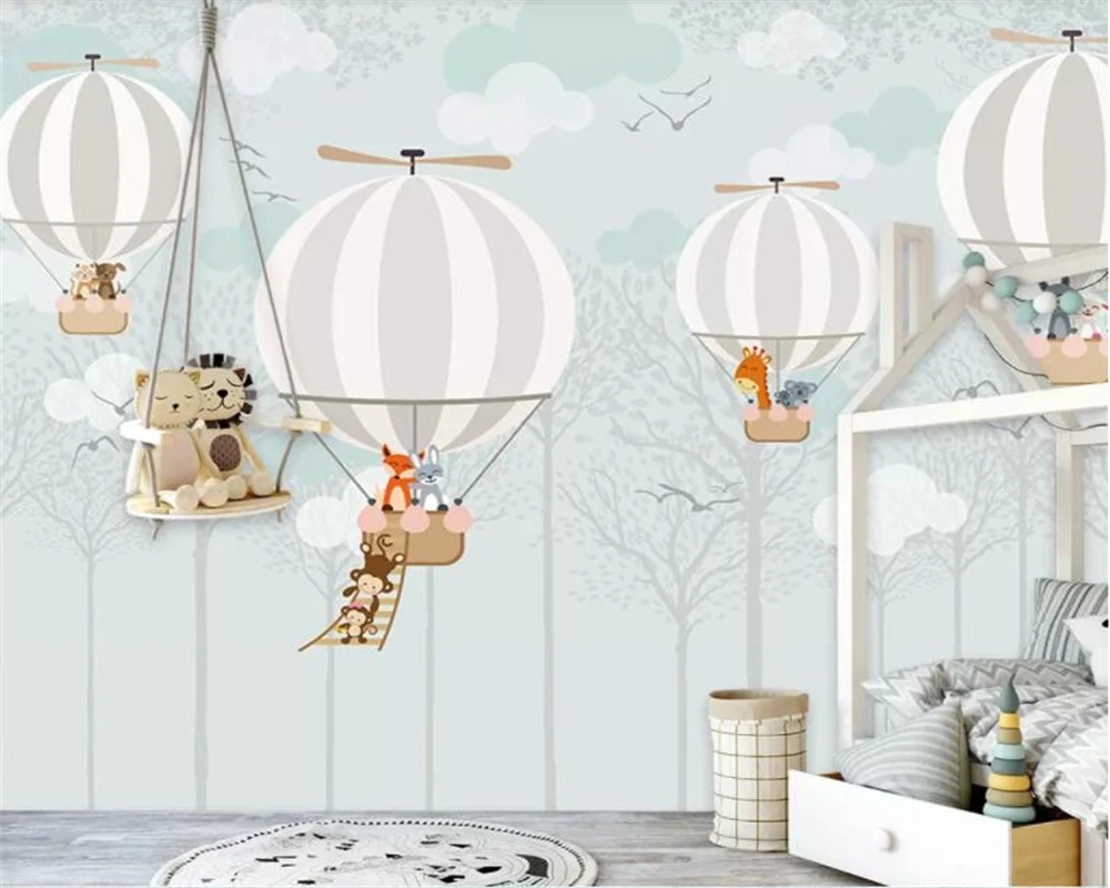 customized Large 3d Wallpaper Cartoon Hot air balloon cartoon animal Monkey giraffe Children's room Background Wall 3d wallpaper