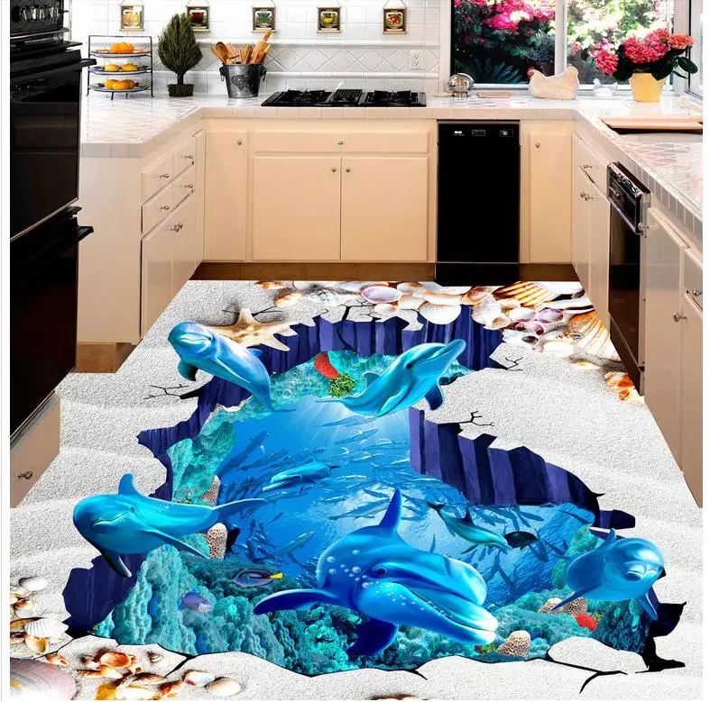 

3D wallpaper floor for living room dolphin Photo wallpaper mural floor PVC waterproof floor Home Decoration