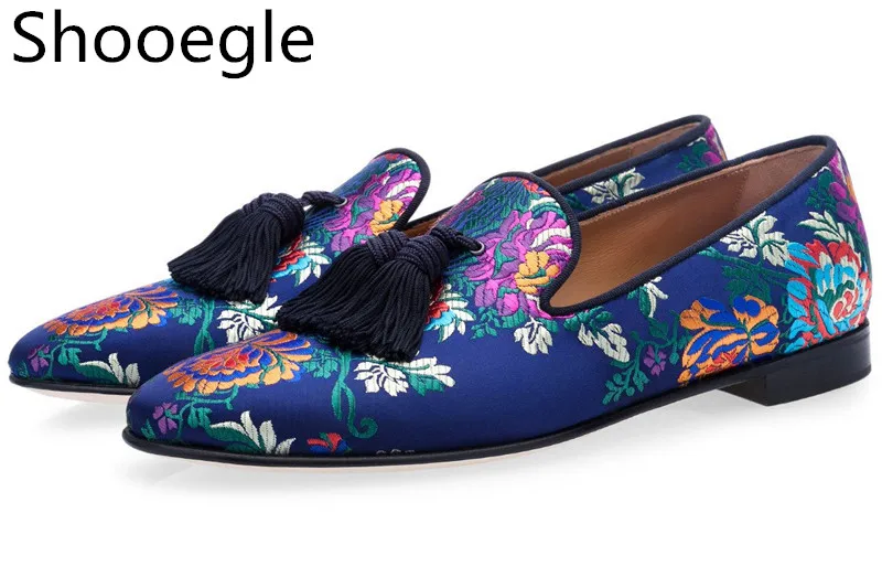 

Men Blue-toned Multicolor Jacquard Canvas Slip On Men Casual Shoes Blue Fringe Tassel Shoes Floral Loafers Embroidery Flats