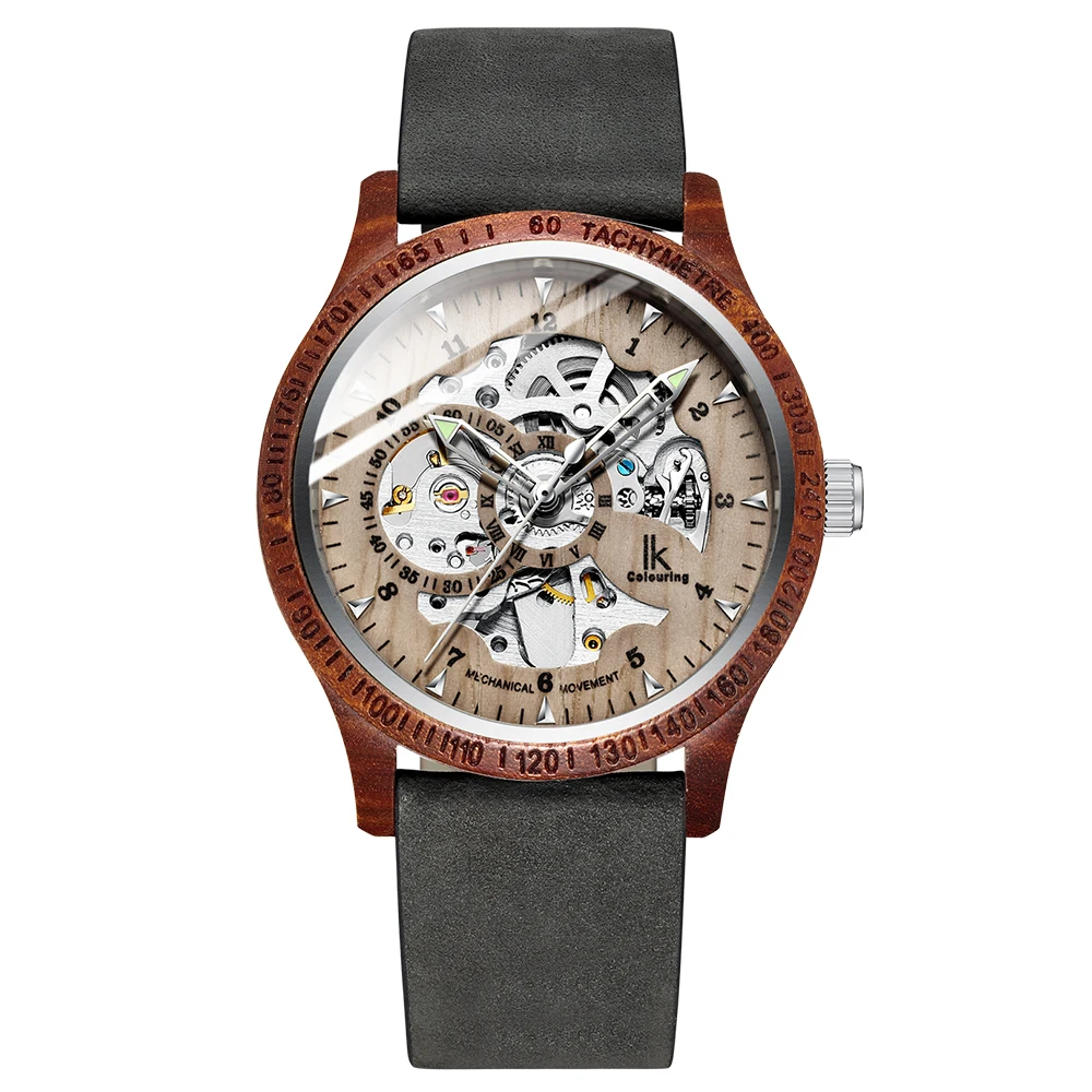 IK Colouring Mannen Horloge Mode Toevallige Houten Case Crazy Horse Lederen Band Hout Horloge Skeleton Auto Mechanische Mannelijke Relogio