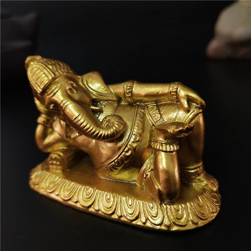 Golden Lying Ganesha Buddha Statue Elephant God Sculpture Ganesh Figurines Man-made Stone Home Garden Decoration Buddha Statues