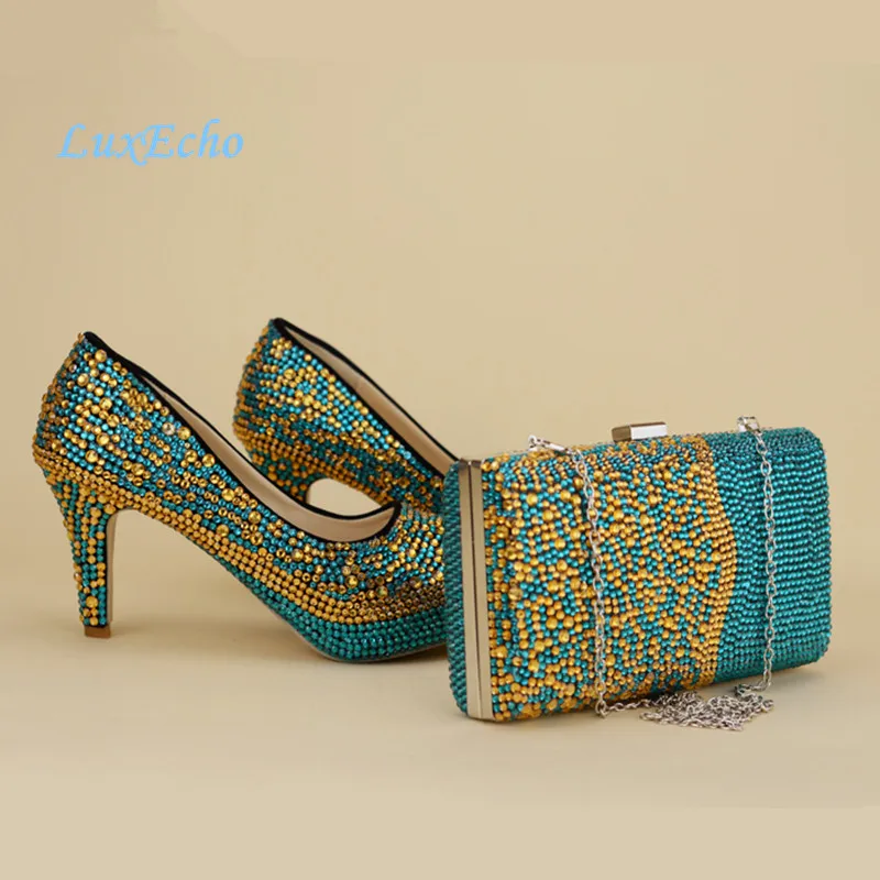 Blue and Gold Rhinestone wedding shoes and purse Sets high heel platform shoes women\'s Pumps Bride Wedding party shoes and bags