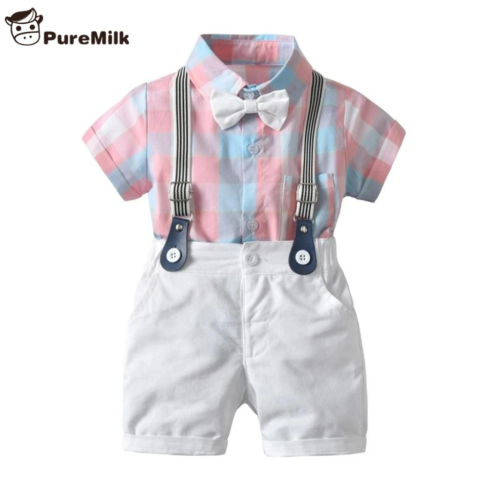 PureMilk Summer Newborn Clothes Shirt With Bow With Striped Pink Clothing Set 4PCS/ Set  Baby Boys Clothes