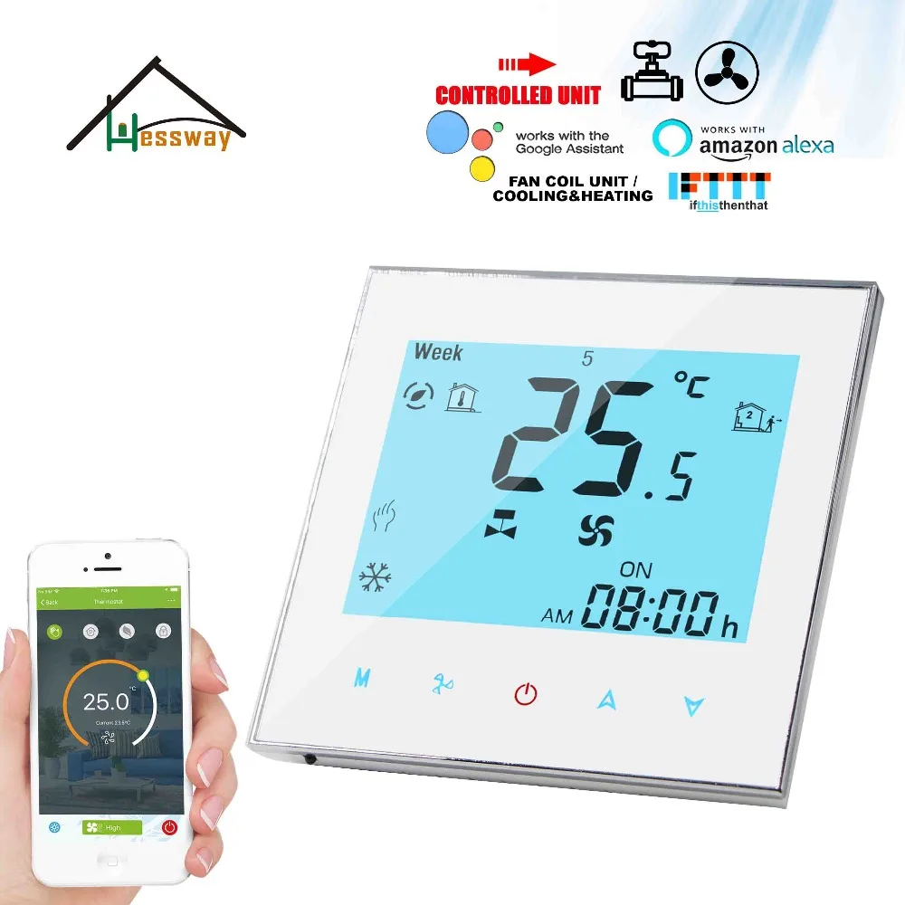 

HESSWAY 24V,95-240VAC 2P Cooling&Heating Fan Coil WIFI Thermostat Valve Proportional Integral for Regulated 0-10V