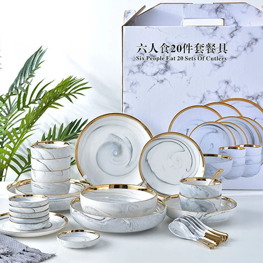 6 People eat marble ceramic dinner dishes and plates sets dinnerware sets tableware посуда набор посуды на 6 персон посуда