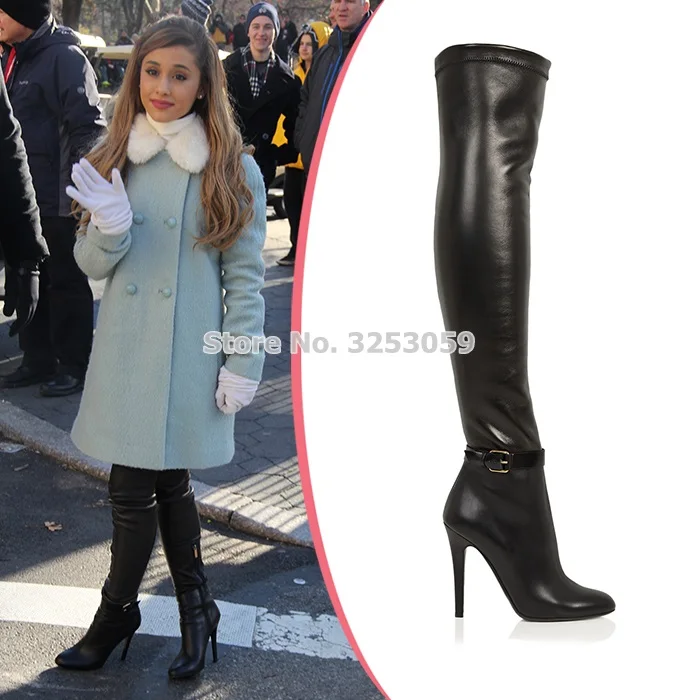 ALMUDENA Stivali lunghi skinny in pelle elastica nera slim fit Stivali alti con cinturino con fibbia sopra il ginocchio Scarpe eleganti quotidiane Dropship