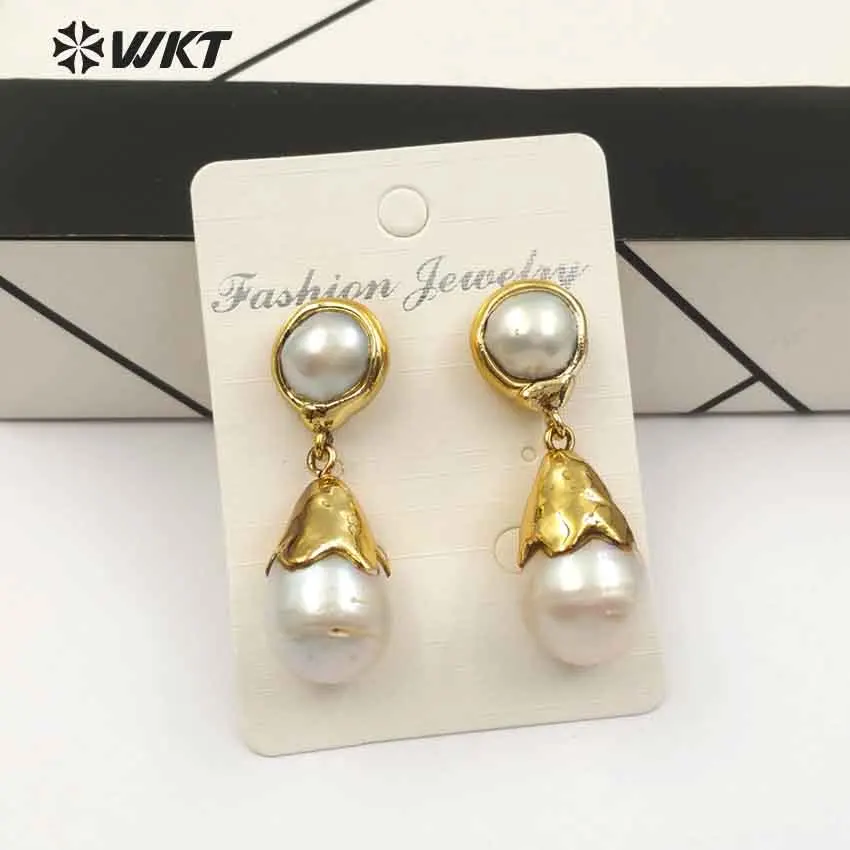WT-E470 New Arrival Beautiful Water Drop Special Design Classic Natural Baroque Pearl Earring With Full Gold For Women Jewelry