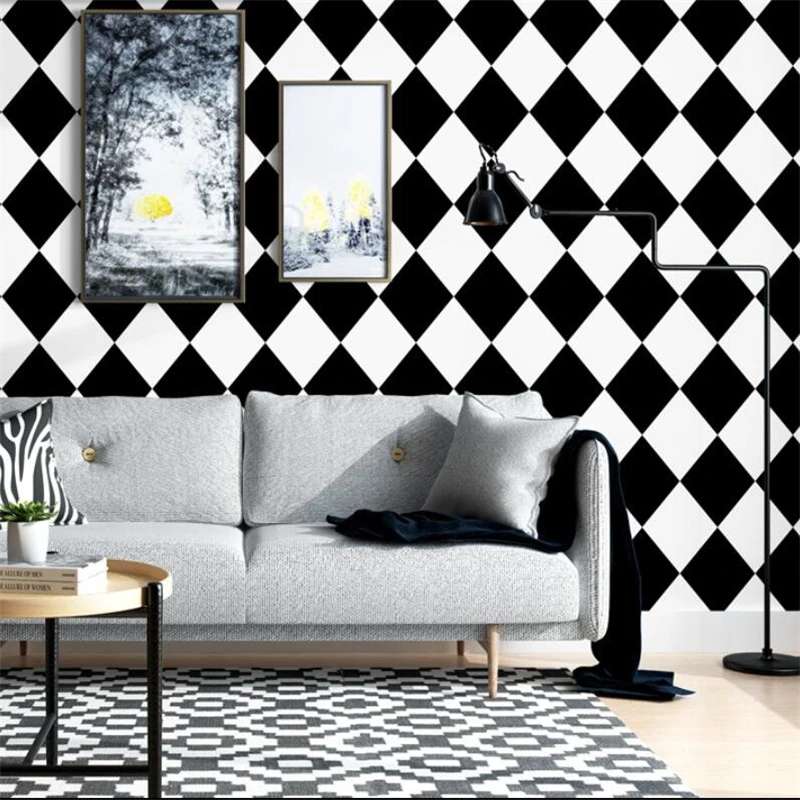 

new Wallpaper black and white small plaid square simple diamond pattern Nordic style American Chinese TV background wall paper