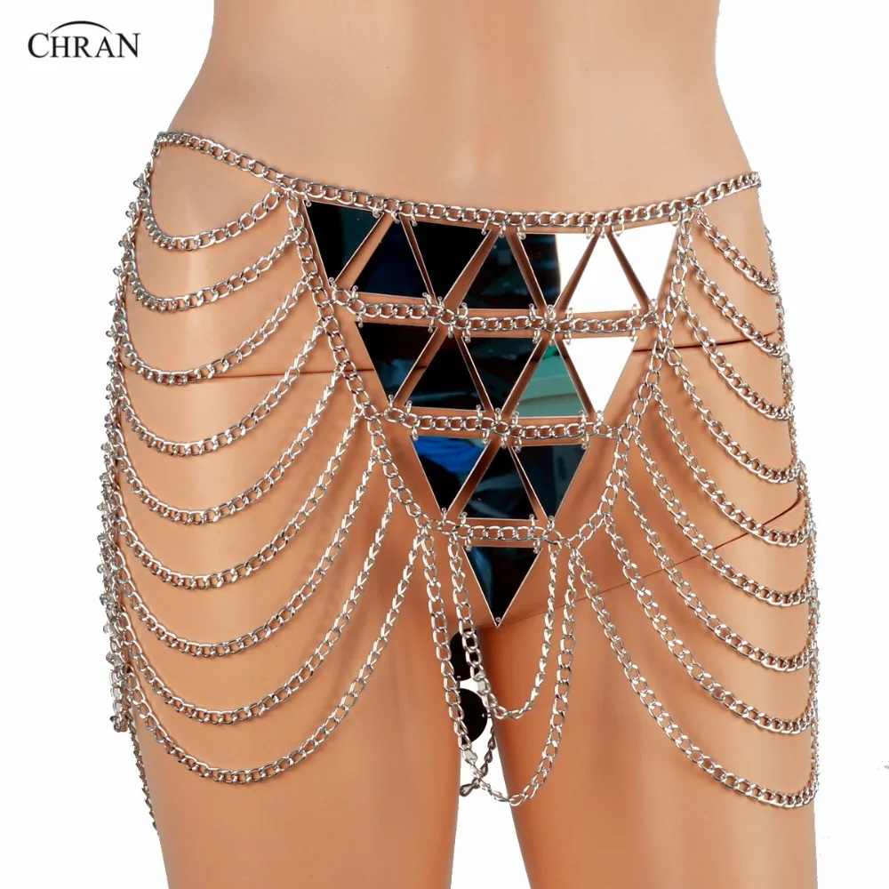 Chran Mirror Chain Metallic Skirt Lingerie Disco Party Mini Dress Beach Cover Up Chain Necklace Bra Bralette Jewelry CRM282