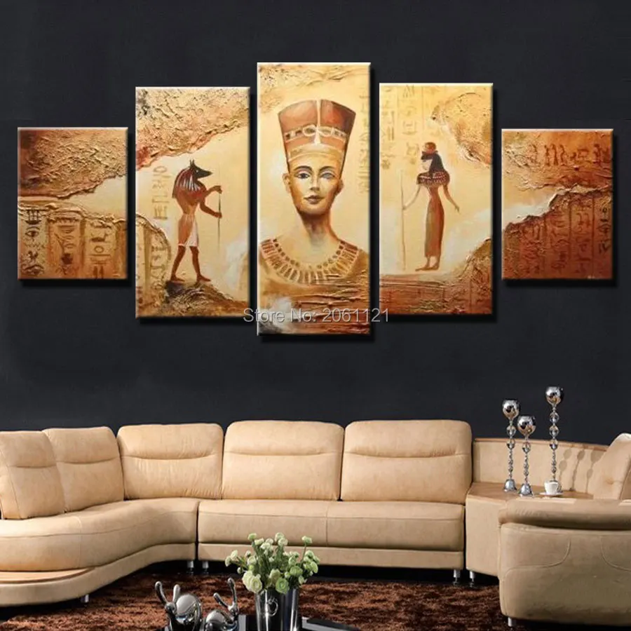 Hand painted canvas oil Paintings 5 Panels Abstract Decorative Wall Art Egyptian Pharaoh Picture For Living Room