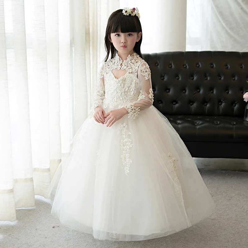 2017 Flower Girls Dresses For Wedding White Lace Girl Formal Birthday Party Dress Princess Gown Kids Long Sleeve Vestido