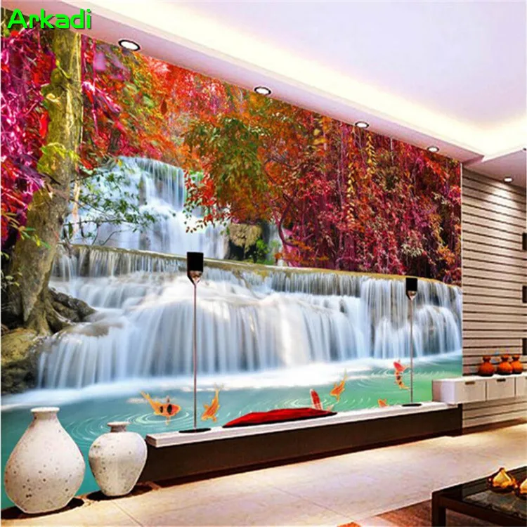 

3d Photo Wallpapers Living Room Oil Painting Landscape Waterfall Red Trees Cornucopia Fish TV Back Photo Living Room Wall Decor