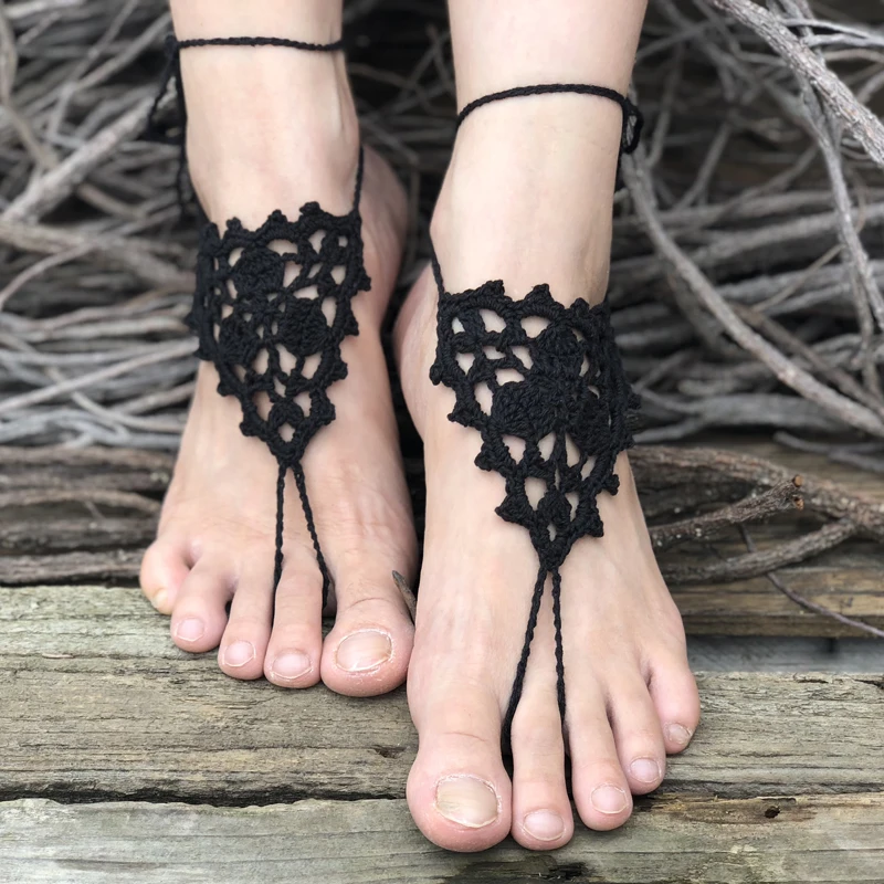 Crochet Barefoot Sandals Beach Pool Wear Toe Ring Anklet Nude shoes Foot jewelry Victorian Lace Yoga Shoes Bridal Anklet