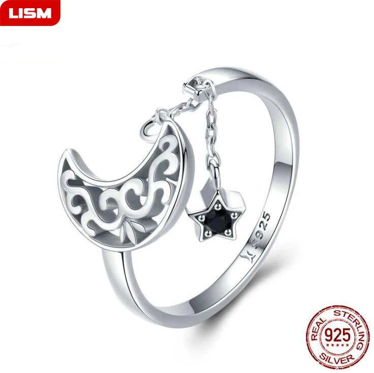 

New Design Real 925 Sterling Silver Adjustable Moon Star Cubic Zirconia Finger Rings for Women Engagement Jewelry