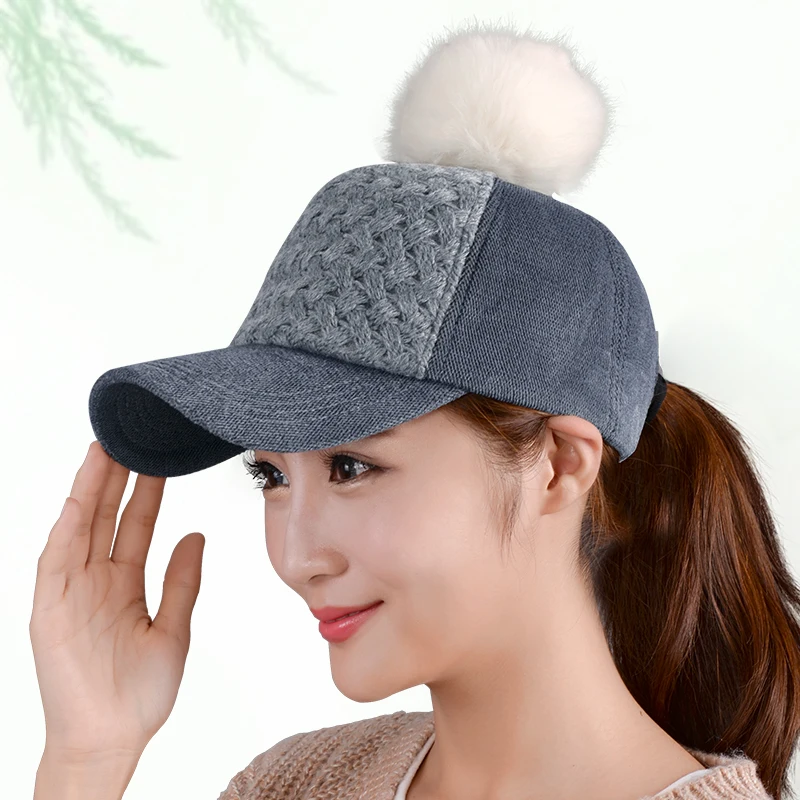 Baseball cap female autumn and winter outside  all-match thermal fox fur ball baseball cap