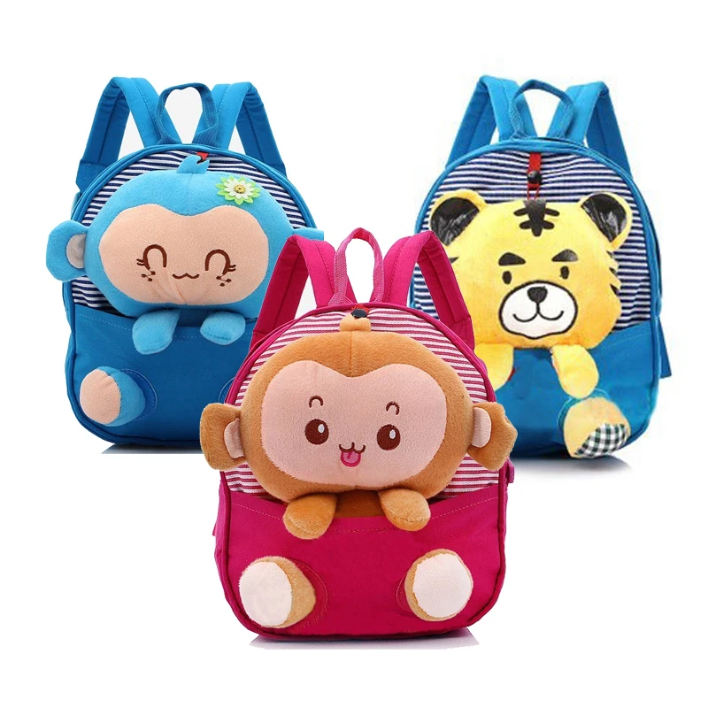 New Cute Kids School Bags Cartoon Monkey Tiger Dolls Soft Cotton Backpack Mini Baby Toddler Book Bag For Kindergarten Boys Girls