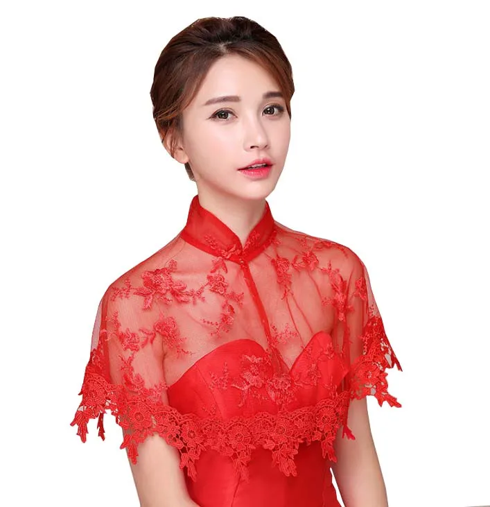 Cheongsam High neck Black Red Ivory Bridal Vestido De Festa Women\'s Shawl Wraps Shrug lace Evening Wedding Cape Bolero Cover Up