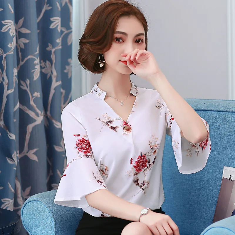 Summer Flare Sleeve Chiffon Shirt Women V-collar Half Sleeve Blouses Female Print Office Ladies Work Casual Top Clothes H9029