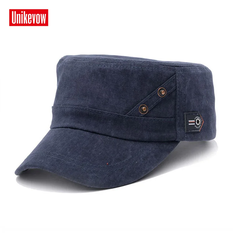 UNIKEVOW 100% Cotton Military Caps Flat top Hat Army Cap With Leather Patch For Men And Women Outdoor Hat Sport Cap