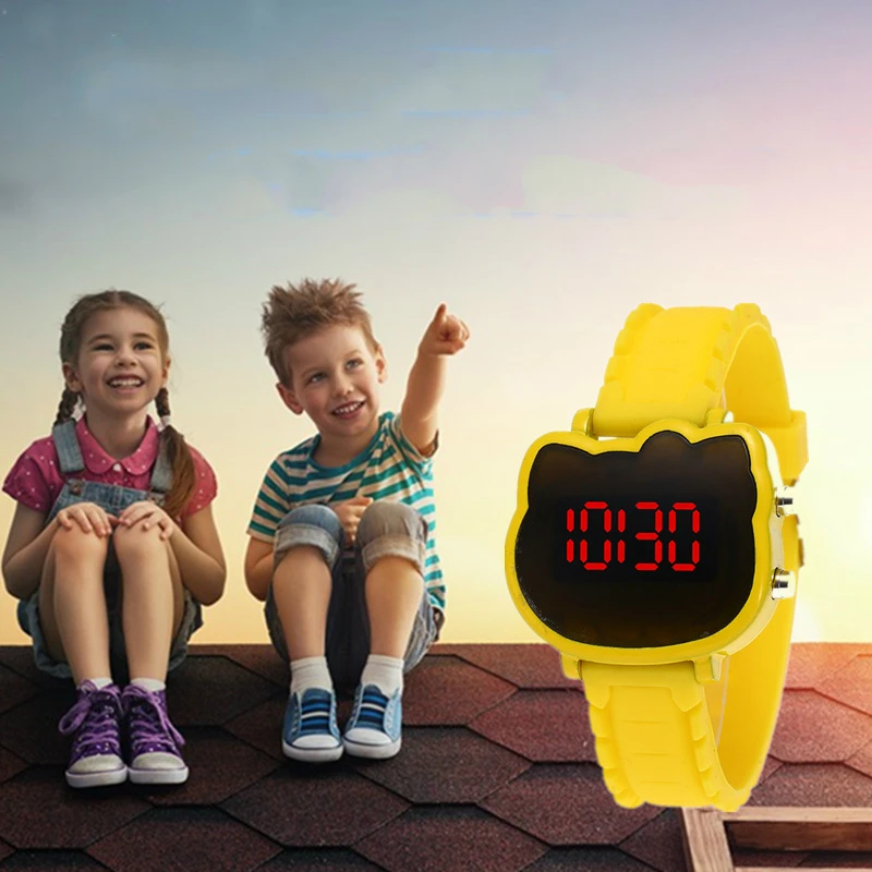 Reloj electrónico de dibujos animados para niños y niñas, relojes de moda para niños, impermeable, lindo gato KT LED brillante