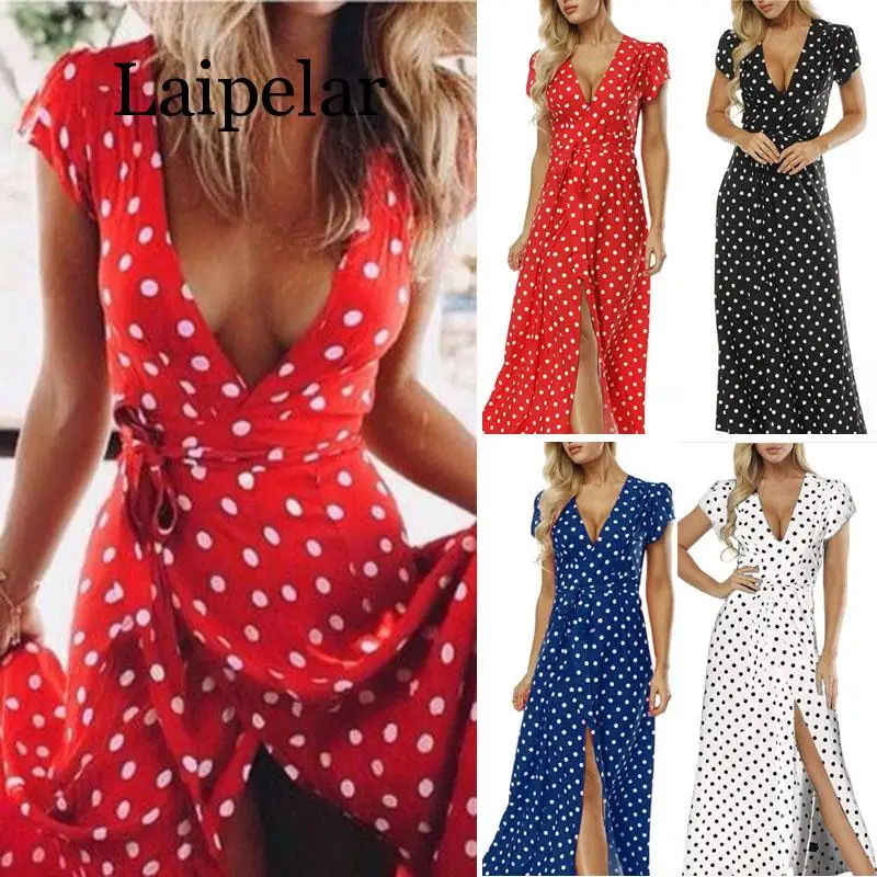 Laipelar Women Dress Boho Polka Dot Summer Beach Long Party V-Neck High Waist Split A Line Maxi Dress Prairie Female