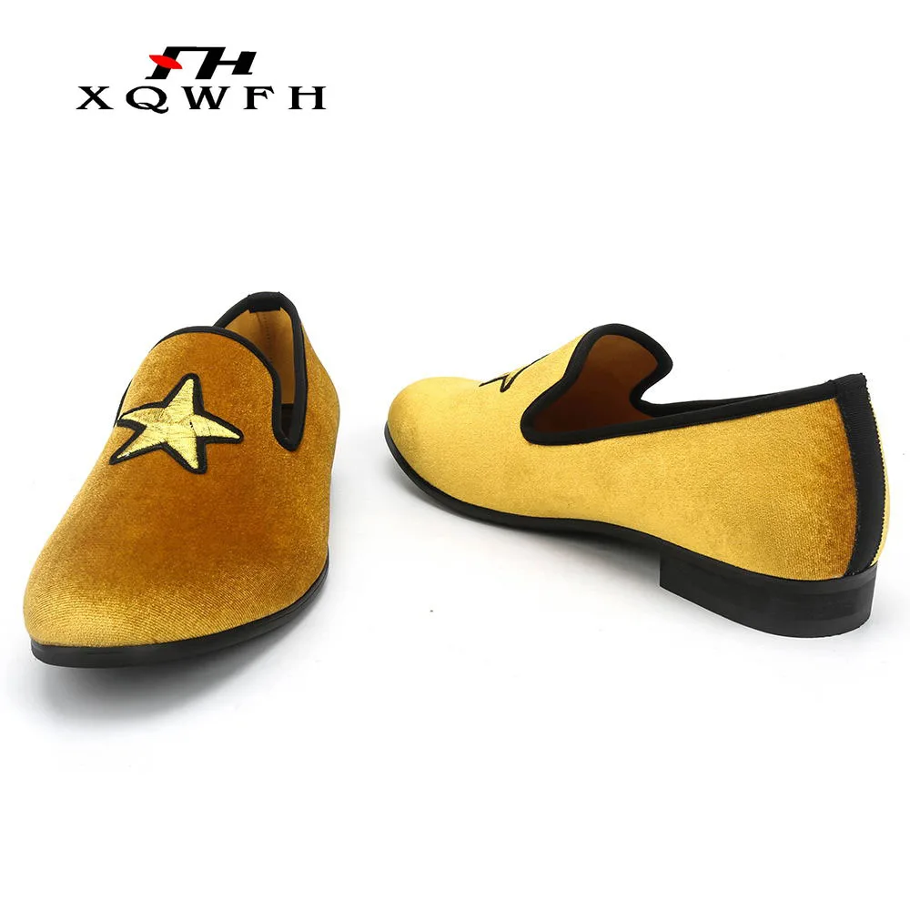 New Fashion Gold Velvet Men Loafers Handmade Embroidery Five-Pointed Star Men  Dress Shoes Comfortable Men's Smoking Shoes