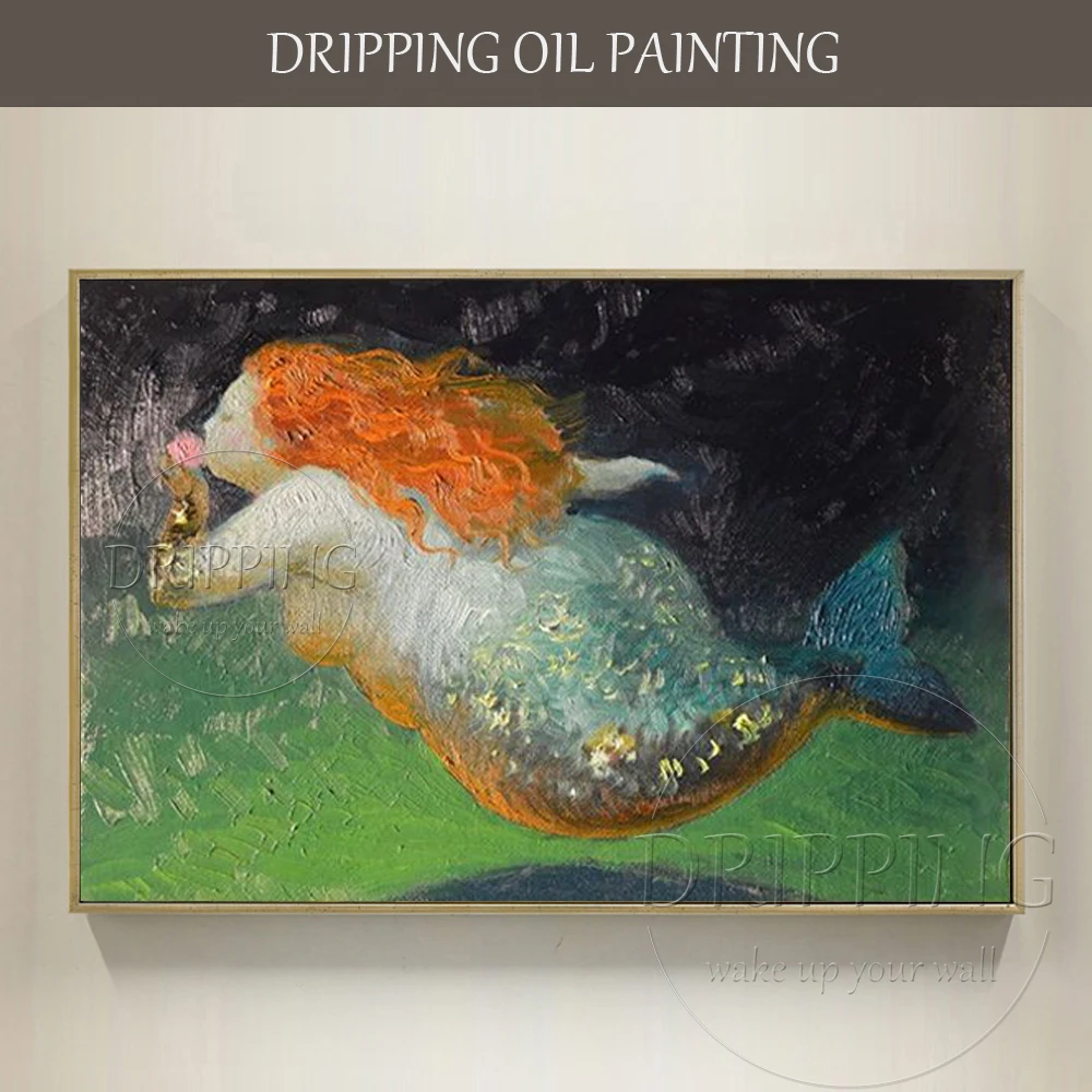 

Excellent Painter Hand-painted Funny Sea Animal Mermaid Portrait Oil Painting on Canvas Fat Figure Cartoon Mermaid Oil Painting