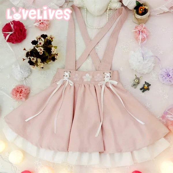 Japanese Style Sweet Lolita Girls Short Skirt Sakura Embroidery Young Girl Bestie Ribbon Suspender Skirt Women Summer