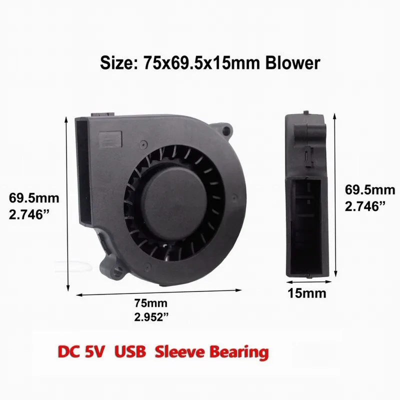 5PCS Gdstime 5V USB 75mm x 15mm 7515 DC 브러시리스 방열판 냉각 송풍기 팬, 75x15mm