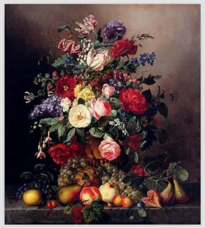 Classic Flower Oil Painting on Canvas A Still Life With Assorted Flowers with Fruits Hand Made Wall Decor Art for Kitchen