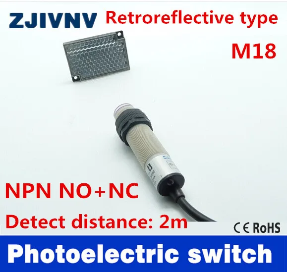 M18 Retroreflective type NPN/PNP NO+NC dc 4 wire photoelectric switch Infrared photocell sensor mirror reflector distance 2m