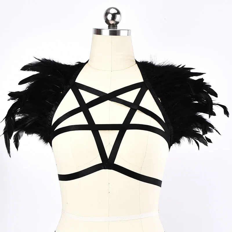 

JLX.HARNESS Pentagram Feather Body Harness Black Exaggerated Epaulette Sexy Cage Bra Elastic Belt Adjustable Halloween Clothes