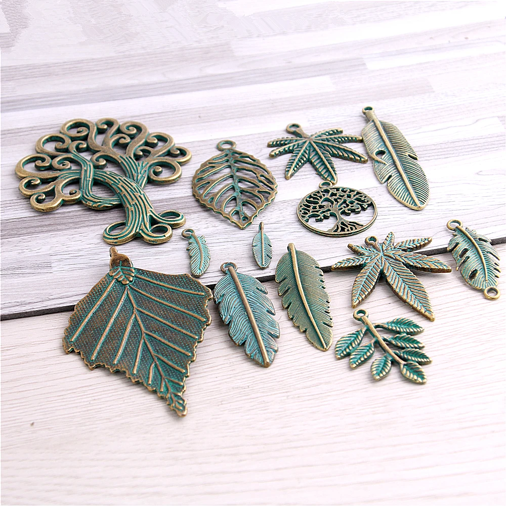 6pc-100pc Metal Mix Green Bronze Charms Classic DIY Handmade Decoration Leaf feather tree Shape Charms for Jewelry Making D6405