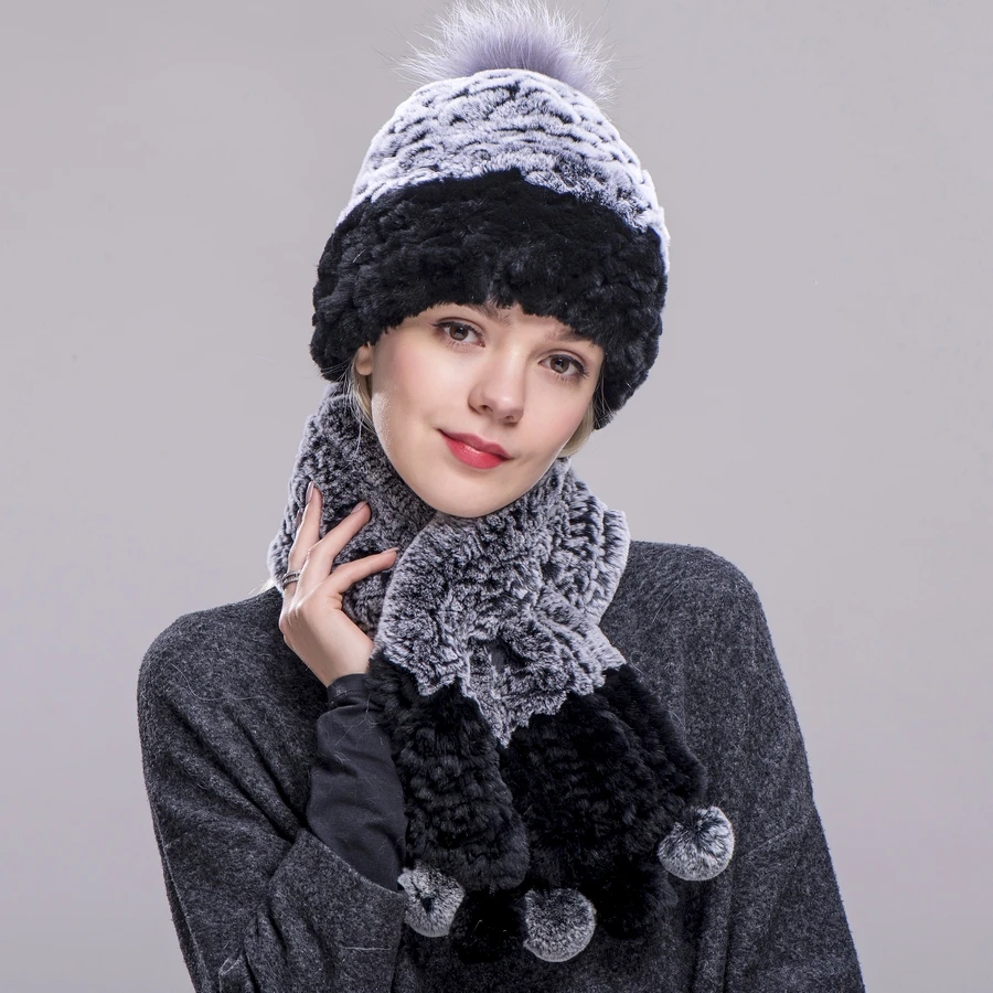 2020FXFURS Winter Fur Hat for Women Real Rex Rabbit Fur Hats with Silver Fox Fur pompom Knitted Beanies Caps hat scarves one set