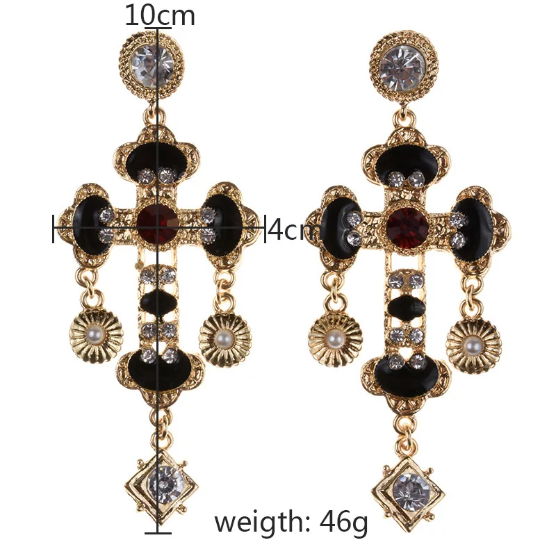 2024 New ZA Fashion Baroque Cross Statement Earrings Women Jewelry Indian Ethnic Black White Enamel Vintage Big Metal Earrings